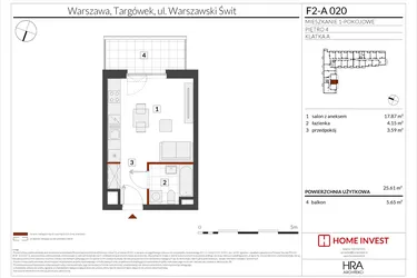 Rzut - Mieszkanie na sprzedaż 1 pokój o powierzchni 25,61 m² - numer F2-A020 w Warszawski Świt XIV