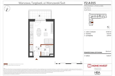 Rzut - Mieszkanie na sprzedaż 1 pokój o powierzchni 25,61 m² - numer F2-A015 w Warszawski Świt XIV