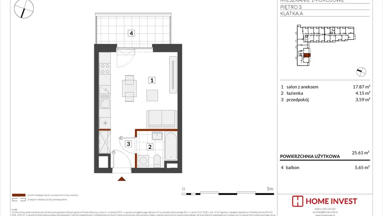 Rzut - Mieszkanie na sprzedaż 1 pokój o powierzchni 25,61 m² - numer F2-A015 w Warszawski Świt XIV