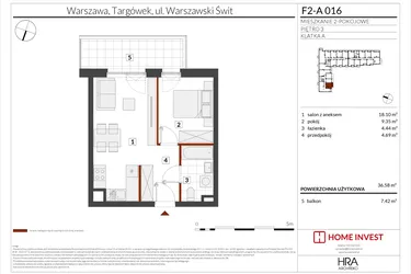 Rzut - Mieszkanie na sprzedaż 2 pokoje o powierzchni 36,58 m² - numer F2-A016 w Warszawski Świt XIV