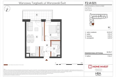 Rzut - Mieszkanie na sprzedaż 2 pokoje o powierzchni 36,58 m² - numer F2-A021 w Warszawski Świt XIV