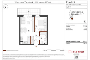 Rzut - Mieszkanie na sprzedaż 2 pokoje o powierzchni 36,58 m² - numer F2-A026 w Warszawski Świt XIV