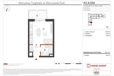 Rzut - Mieszkanie na sprzedaż 1 pokój o powierzchni 25,61 m² - numer F2-A030 w Warszawski Świt XIV