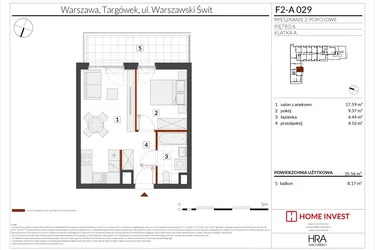 Rzut - Mieszkanie na sprzedaż 2 pokoje o powierzchni 35,56 m² - numer F2-A029 w Warszawski Świt XIV