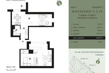 Rzut - Mieszkanie na sprzedaż 2 pokoje o powierzchni 65,48 m² - numer C.2.13 w Nickel Resort & Wellnest Szklarska Poręba - apartamenty inwestycyjne