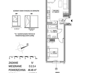 Rzut - Mieszkanie na sprzedaż 2 pokoje o powierzchni 46,46 m² - numer D.2.2.4 w ATUT IV