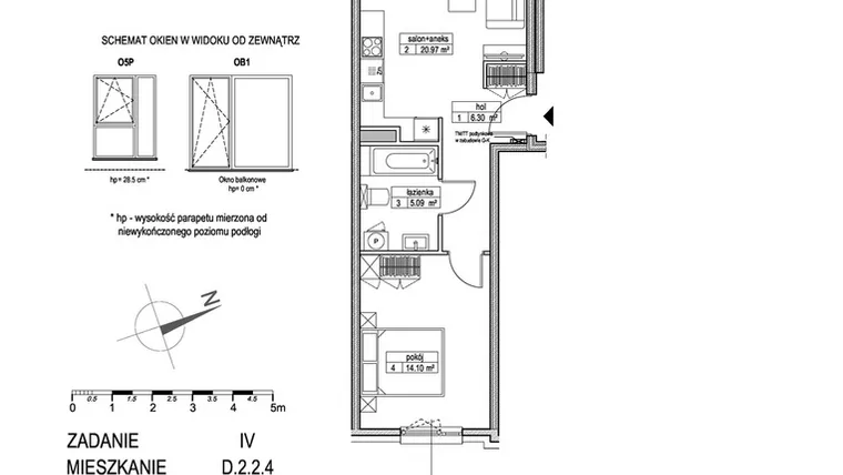 Rzut - Mieszkanie na sprzedaż 2 pokoje o powierzchni 46,46 m² - numer D.2.2.4 w ATUT IV
