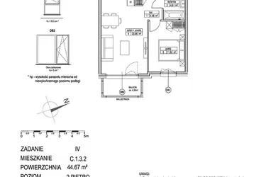 Rzut - Mieszkanie na sprzedaż 2 pokoje o powierzchni 44,67 m² - numer C.1.3.2 w ATUT IV