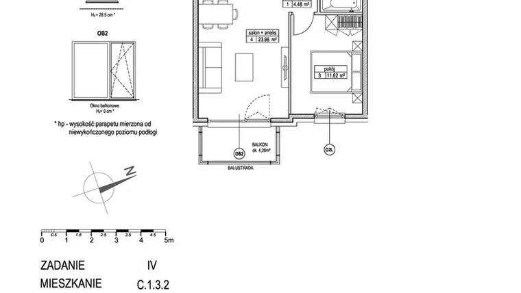 Rzut - Mieszkanie na sprzedaż 2 pokoje o powierzchni 44,67 m² - numer C.1.3.2 w ATUT IV