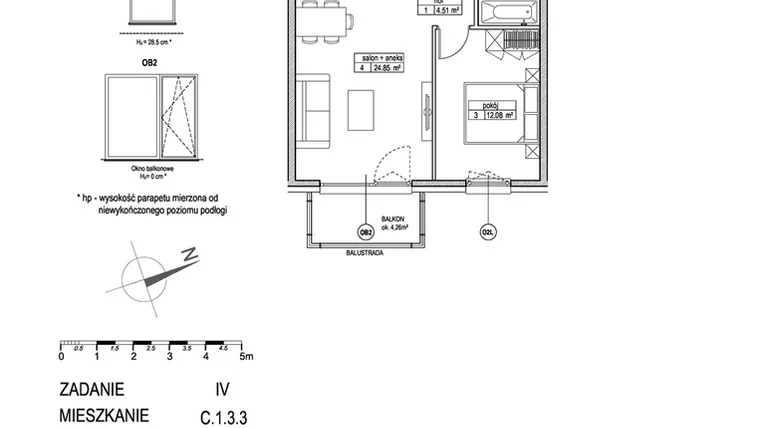 Rzut - Mieszkanie na sprzedaż 2 pokoje o powierzchni 46,05 m² - numer C.1.3.3 w ATUT IV
