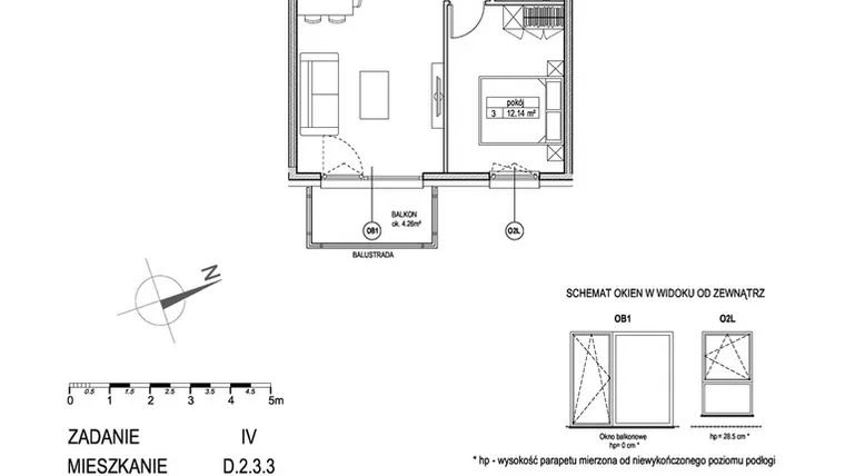 Rzut - Mieszkanie na sprzedaż 2 pokoje o powierzchni 45,27 m² - numer D.2.3.3 w ATUT IV