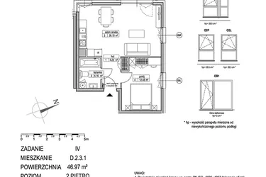 Rzut - Mieszkanie na sprzedaż 2 pokoje o powierzchni 46,97 m² - numer D.2.3.1 w ATUT IV