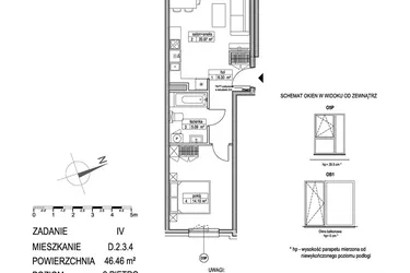 Rzut - Mieszkanie na sprzedaż 2 pokoje o powierzchni 46,46 m² - numer D.2.3.4 w ATUT IV