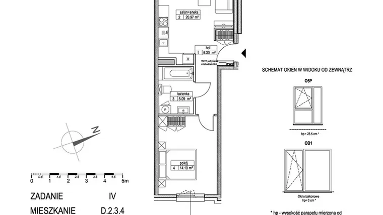 Rzut - Mieszkanie na sprzedaż 2 pokoje o powierzchni 46,46 m² - numer D.2.3.4 w ATUT IV