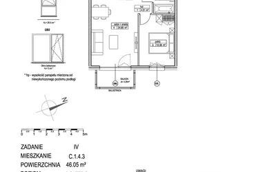 Rzut - Mieszkanie na sprzedaż 2 pokoje o powierzchni 46,05 m² - numer C.1.4.3 w ATUT IV