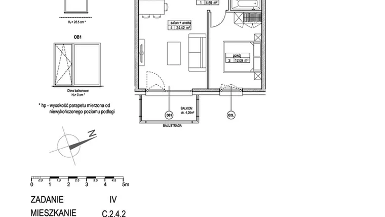 Rzut - Mieszkanie na sprzedaż 2 pokoje o powierzchni 45,8 m² - numer C.2.4.2 w ATUT IV