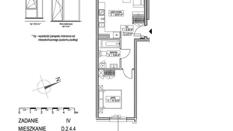 Rzut - Mieszkanie na sprzedaż 2 pokoje o powierzchni 46,34 m² - numer D.2.4.4 w ATUT IV