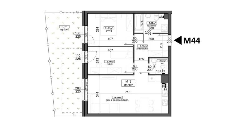Rzut - Mieszkanie na sprzedaż 3 pokoje o powierzchni 60,78 m² - numer 44 w Mahonia Premium