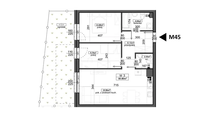 Rzut - Mieszkanie na sprzedaż 3 pokoje o powierzchni 60,8 m² - numer 45 w Mahonia Premium