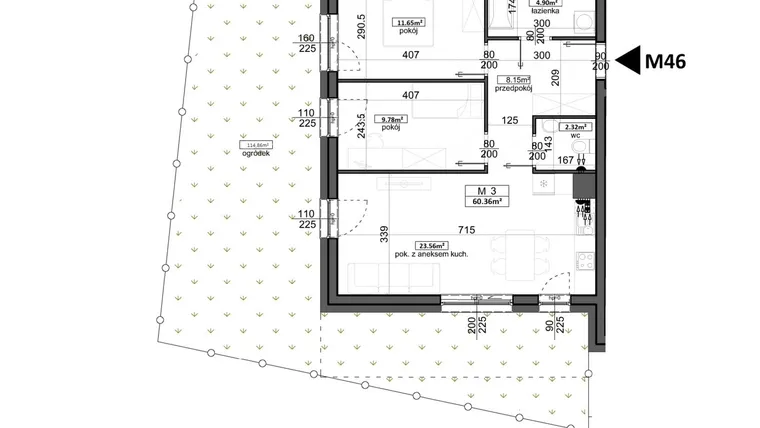 Rzut - Mieszkanie na sprzedaż 3 pokoje o powierzchni 60,36 m² - numer 46 w Mahonia Premium