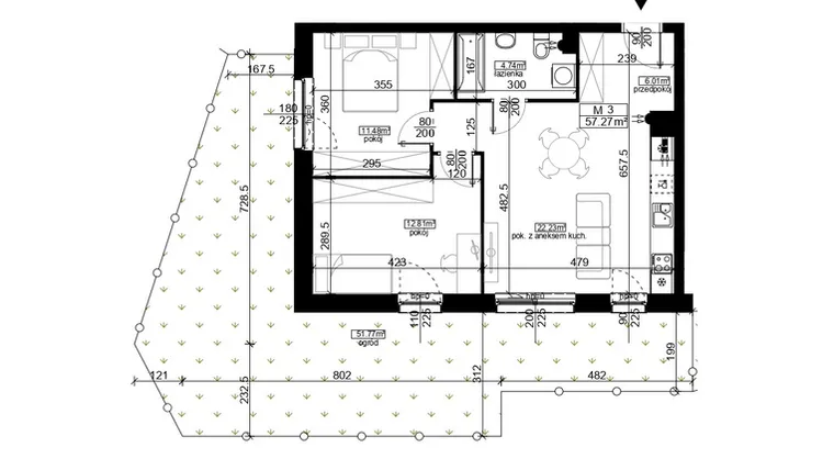 Rzut - Mieszkanie na sprzedaż 3 pokoje o powierzchni 57,27 m² - numer 2 w Mahonia D