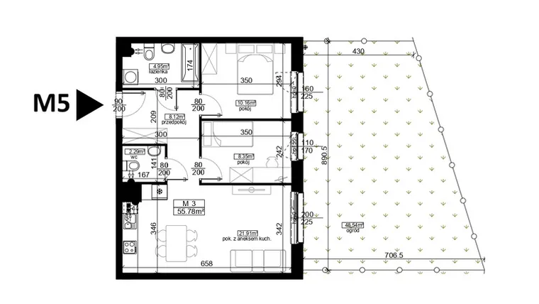 Rzut - Mieszkanie na sprzedaż 3 pokoje o powierzchni 55,78 m² - numer 5 w Mahonia D