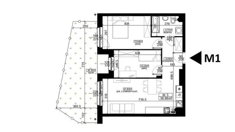 Rzut - Mieszkanie na sprzedaż 3 pokoje o powierzchni 56,88 m² - numer 1 w Mahonia D