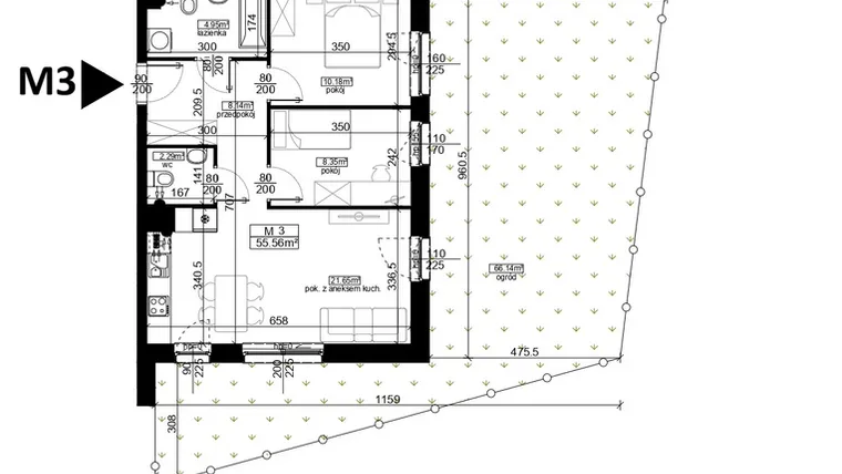 Rzut - Mieszkanie na sprzedaż 3 pokoje o powierzchni 55,56 m² - numer 3 w Mahonia D