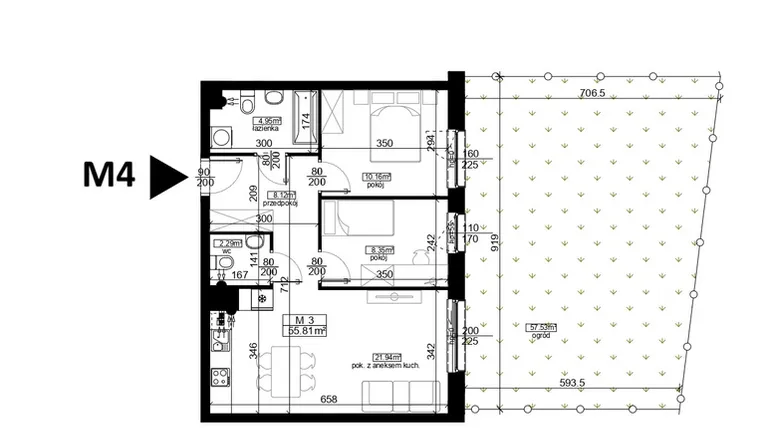 Rzut - Mieszkanie na sprzedaż 3 pokoje o powierzchni 55,81 m² - numer 4 w Mahonia D