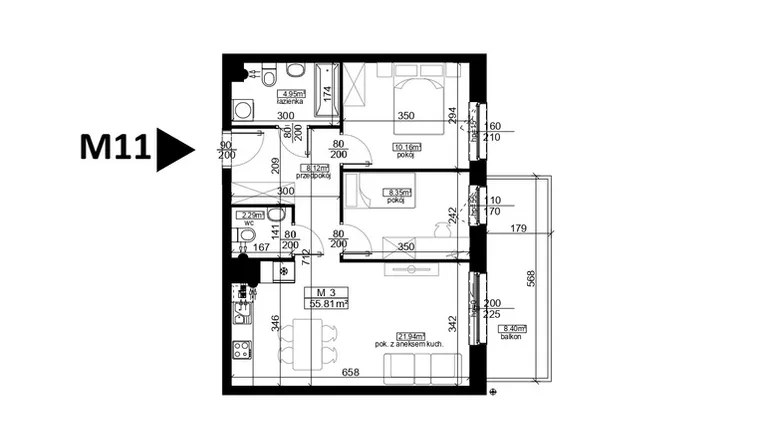 Rzut - Mieszkanie na sprzedaż 3 pokoje o powierzchni 55,81 m² - numer 11 w Mahonia D