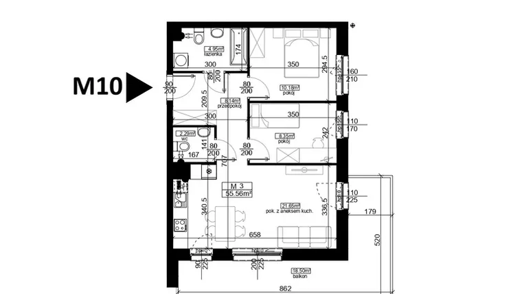 Rzut - Mieszkanie na sprzedaż 3 pokoje o powierzchni 55,56 m² - numer 10 w Mahonia D