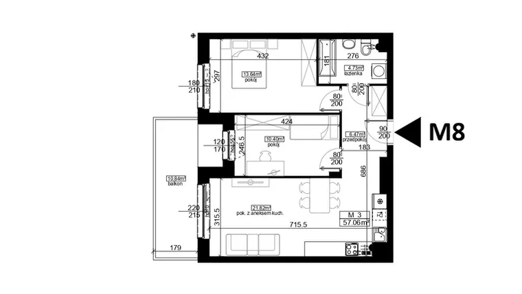 Rzut - Mieszkanie na sprzedaż 3 pokoje o powierzchni 57,06 m² - numer 8 w Mahonia D