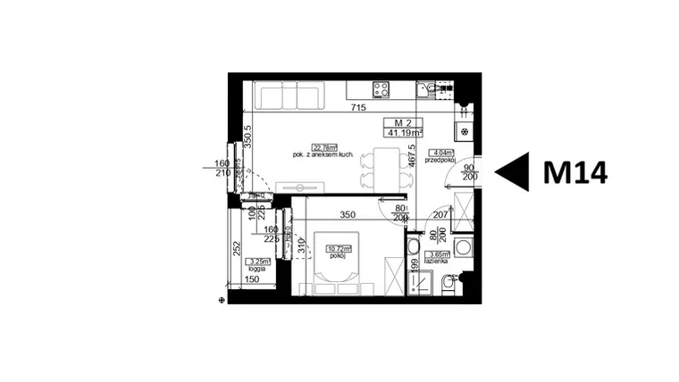 Rzut - Mieszkanie na sprzedaż 2 pokoje o powierzchni 41,19 m² - numer 14 w Mahonia D