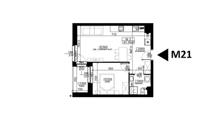 Rzut - Mieszkanie na sprzedaż 2 pokoje o powierzchni 41,19 m² - numer 21 w Mahonia D