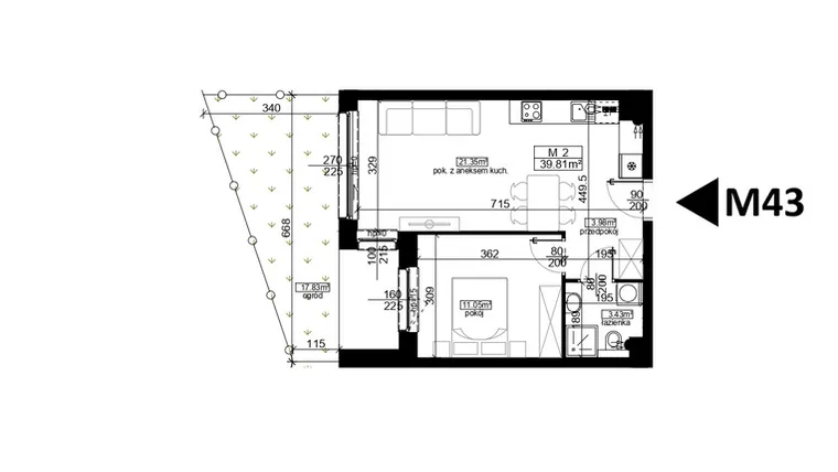 Rzut - Mieszkanie na sprzedaż 2 pokoje o powierzchni 39,81 m² - numer 43 w Mahonia D