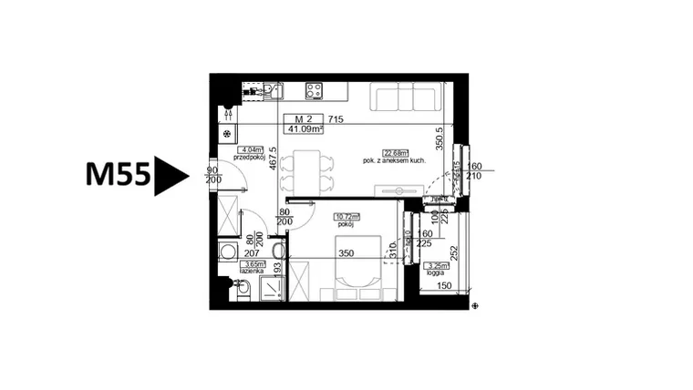 Rzut - Mieszkanie na sprzedaż 2 pokoje o powierzchni 41,09 m² - numer 55 w Mahonia D