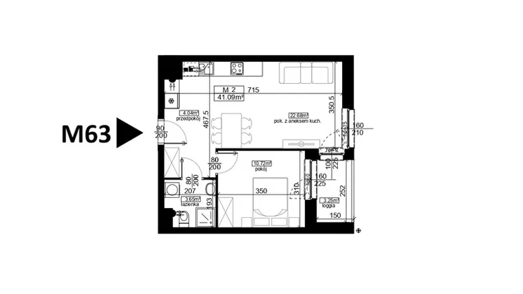 Rzut - Mieszkanie na sprzedaż 2 pokoje o powierzchni 41,09 m² - numer 63 w Mahonia D