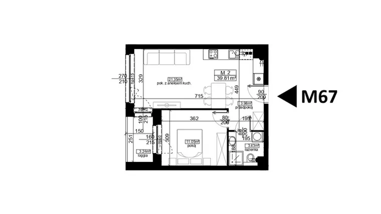 Rzut - Mieszkanie na sprzedaż 2 pokoje o powierzchni 39,81 m² - numer 67 w Mahonia D
