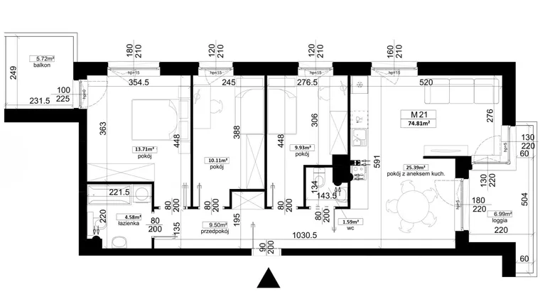 Rzut - Mieszkanie na sprzedaż 4 pokoje o powierzchni 74,81 m² - numer 3.21 w Kalamita