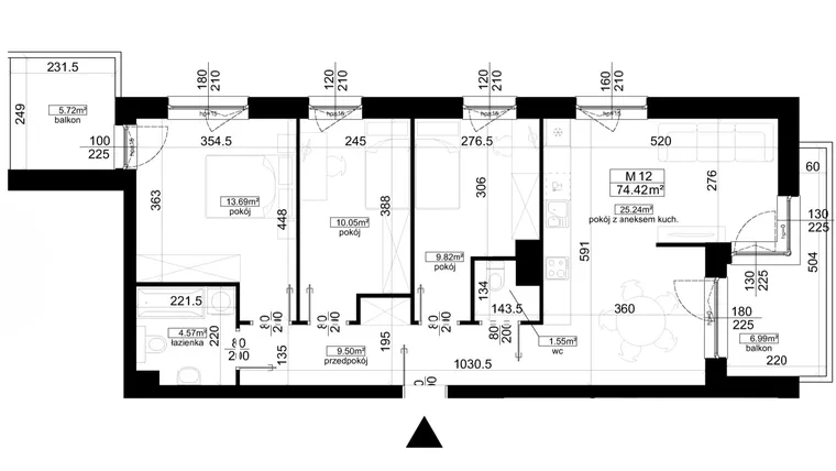 Rzut - Mieszkanie na sprzedaż 4 pokoje o powierzchni 74,42 m² - numer 4.12 w Kalamita