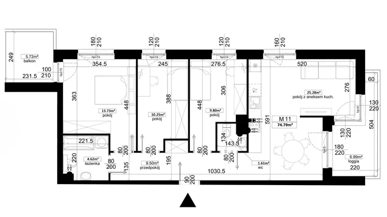 Rzut - Mieszkanie na sprzedaż 4 pokoje o powierzchni 74,79 m² - numer 3.11 w Kalamita