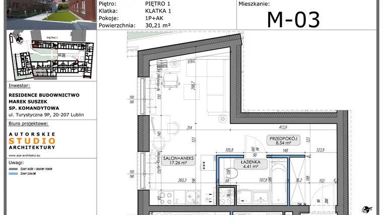 Rzut - Mieszkanie na sprzedaż 1 pokój o powierzchni 30,21 m² - numer M03 w Lubartowska 62