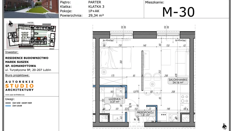 Rzut - Mieszkanie na sprzedaż 1 pokój o powierzchni 29,34 m² - numer M30 w Lubartowska 62