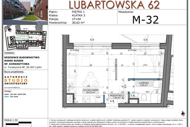 Rzut - Mieszkanie na sprzedaż 1 pokój o powierzchni 30,62 m² - numer M32 w Lubartowska 62
