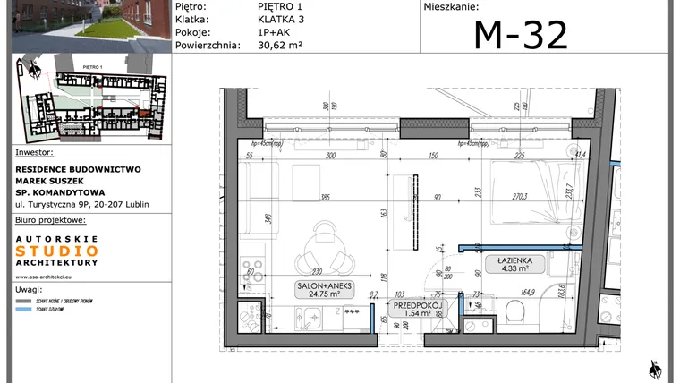 Rzut - Mieszkanie na sprzedaż 1 pokój o powierzchni 30,62 m² - numer M32 w Lubartowska 62