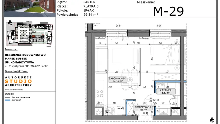 Rzut - Mieszkanie na sprzedaż 1 pokój o powierzchni 29,34 m² - numer M29 w Lubartowska 62