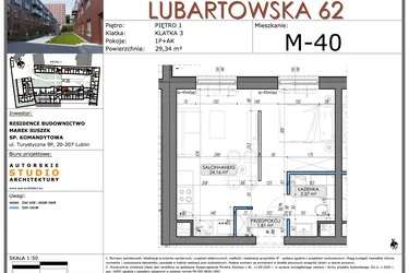 Rzut - Mieszkanie na sprzedaż 1 pokój o powierzchni 29,34 m² - numer M40 w Lubartowska 62