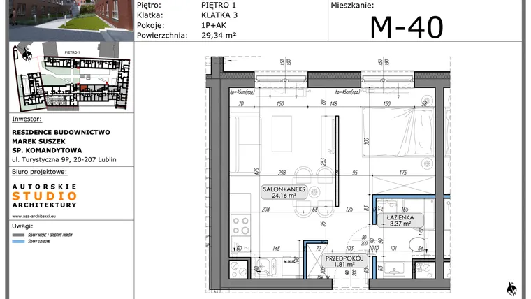 Rzut - Mieszkanie na sprzedaż 1 pokój o powierzchni 29,34 m² - numer M40 w Lubartowska 62