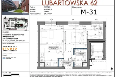 Rzut - Mieszkanie na sprzedaż 1 pokój o powierzchni 34,67 m² - numer M31 w Lubartowska 62