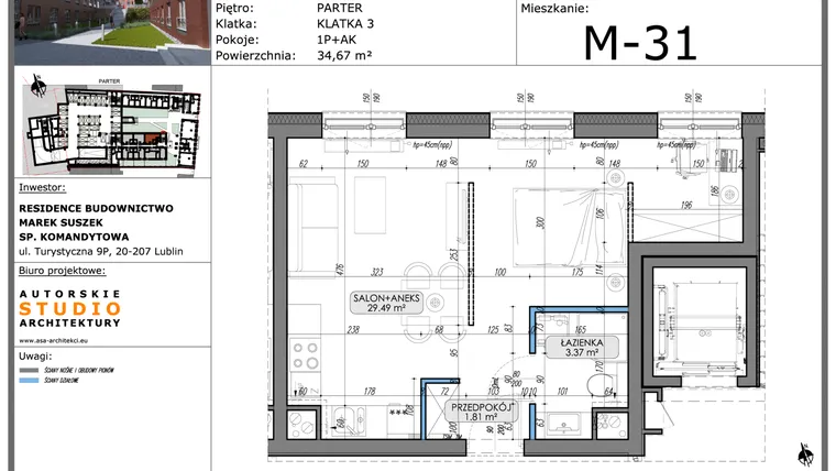 Rzut - Mieszkanie na sprzedaż 1 pokój o powierzchni 34,67 m² - numer M31 w Lubartowska 62